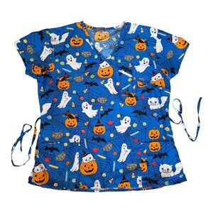 Halloween Scrub Top faux wrap tie back kittens jack o lanterns ghosts size Large